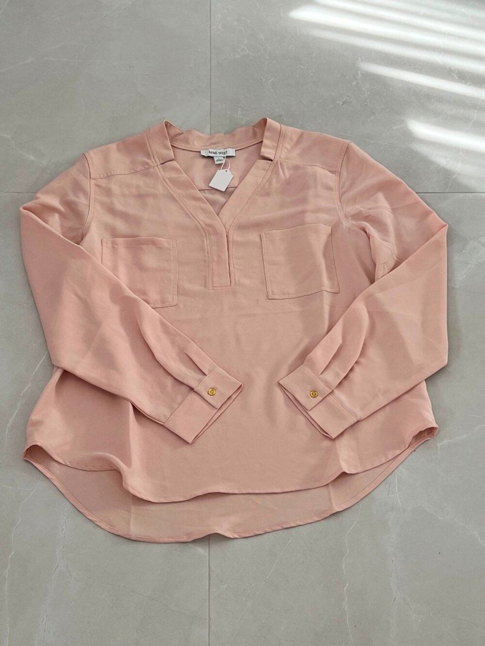 Nine West Dusty Pink Long Sleeve Utility Pullover Blouse (Size L)